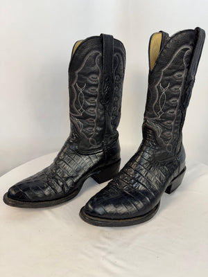 El Reparo Men's Black Caiman Tail Print Leather Cowboy Boots Size 8.5 Round Toe