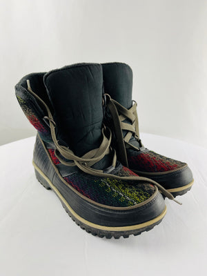 Sorel Tivoli High ll Black Pattern Fabric Lace Up Winter Boots Women's 8