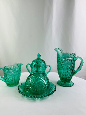 Dalzell Viking Green Star Sawtooth Pressed Glass Serving Collection Vintage Rare