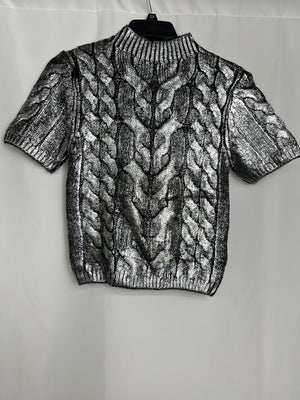 Anthropologie Metallic Cabe-Knit Short Sleeve Sweater Grey Metallic Small NWT