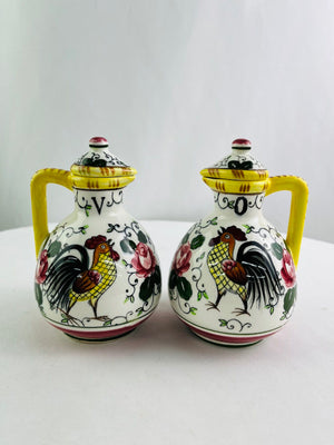 Ucagco China Early Provincial Rooster & Rose Hand Painted Oil & Vinegar Set