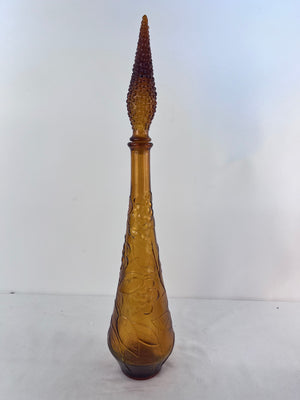 Vintage MCM Empoli Amber Glass Genie Bottle Decanter Embossed Floral 22” Italy