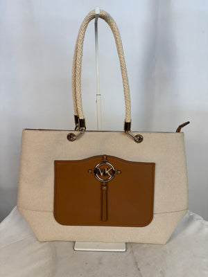 Michael Kors Amy Large Rope Tote Bag in Natural Canvas & Brown Leather