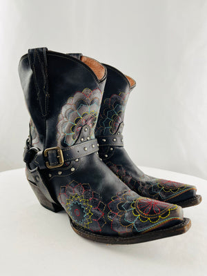 Dan Post 0323 Black Colorful Floral Leather Snip Toe Western Boot Women's 8.5