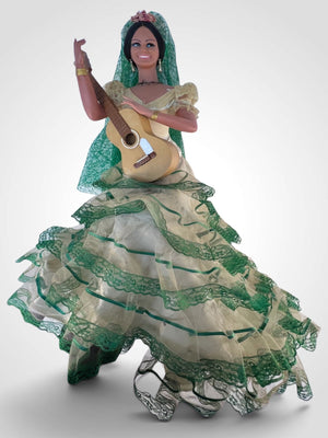 Rare Large 24” Vintage Marin Chiclana Spanish Flamenco Doll Green Dress Guitar