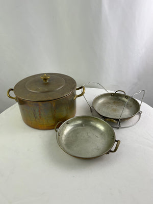Set of 3 Tin-Lined Copper Pots/Pans 1x Stockpot 2x Saute Pans w/ Riveted Handles