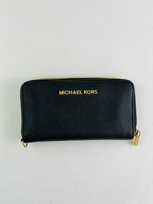 Michael Kors Jet Set Travel Black Saffiano Leather Continental Zip Around Wallet