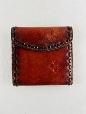 Patricia Nash Brown Leather Bifold Wallet Hand Laced Edge Small Stamped Flower