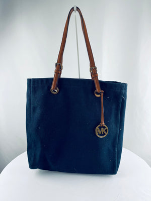 Michael Kors Jet Set Navy Blue Canvas Tote Bag Brown Leather Handles Gold Accent