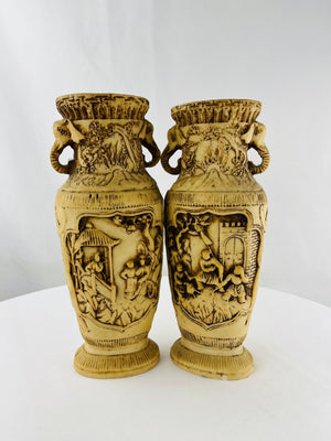 Vintage Ornate Asian Composite Resin Carved Vases Set of 2