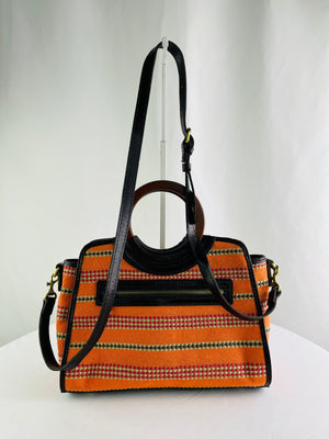 Patricia Nash Lyon Satchel Crossbody in Orange Striped Canvas Wooden Handles