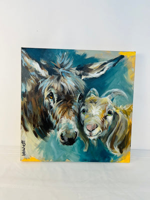 BB Wyatt Goat & Donkey Painting On Canvas Signed Artwork