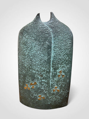 Murata Hiroshi Green Patinated Bronze Vase with Gold Floral Motifs from Japan