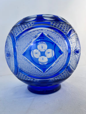 Czech Bohemian 10.5" Diameter Cobalt Blue Cut to Clear Crystal Rose Bowl