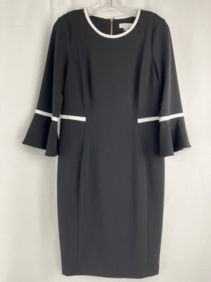 Calvin Klein Women’s Black White Trim Piping Ruffle Bell Sheath Dress Size 10