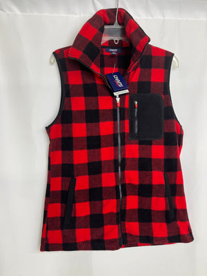 Chaps Sport Fleece Vest Red Black Buffalo Plaid Check Full Zip Women Medium NWT