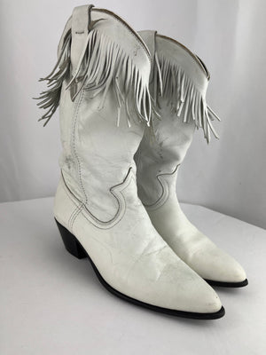 Vintage Acme White Leather Fringe Western Cowboy Boots Size 8