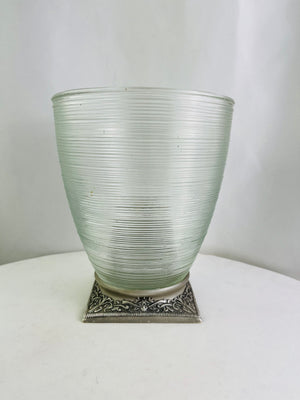 Joseph Abboud Home Collection 10" Clear Ribbed Glass Vase Ornate Metal Base