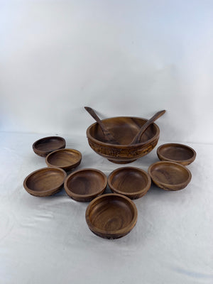 Vintage Hand-Carved Tiki Jungle Teak Salad Set 11 Pieces Mid Century Boho