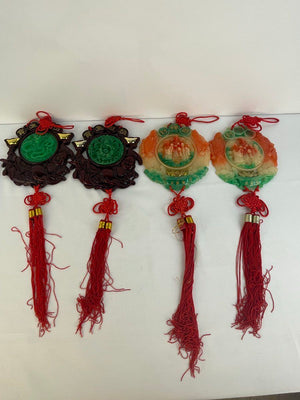 Chinese Faux Jade & Red Resin Carving Knotted Rope Wall Hanging Decor Lot of 4
