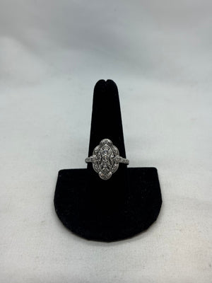 14K White Gold Art-Deco Navette Style Round Diamond Ring 4.2g Vintage Size 8.75