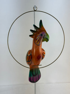 Vintage Mexican Folk Art Ceramic Hanging Cockatoo Bird On Metal Ring Perch 14"