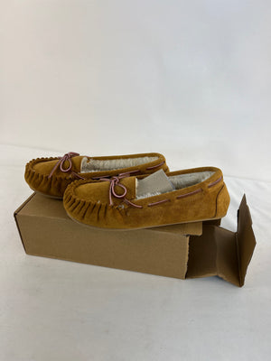 HIBURE Women Moccasin Slipper Shoes Tan Brown Suede Faux Fur Lined Size 9 NWT