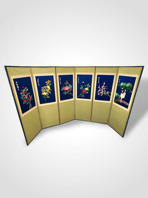 Vintage Byeongpung Asian 6 Panel Folding Room Divider Screen Embroidered Hwajodo