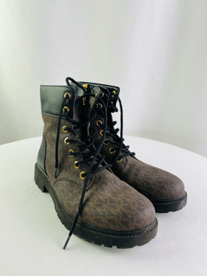 Michael Kors Alistar Signature Logo Combat Booties Black/Brown Women's 7.5M
