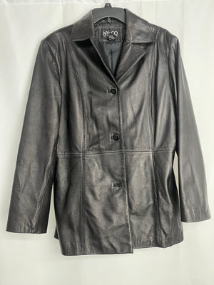 New York & Company Black Smooth Leather Long Button Up Jacket Women's Large