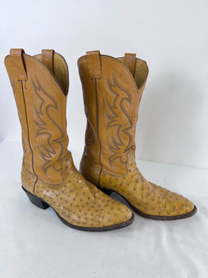 Vintage Nocona Full Quill Ostrich Cowboy Boots Men's 10.5D Tan Made in USA 1617C