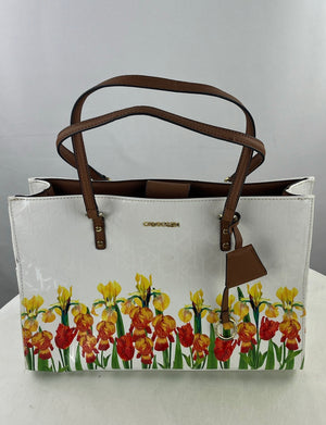 Calvin Klein Women's Printed Floral White Satchel Hand Bag Purse W/Dust Bag