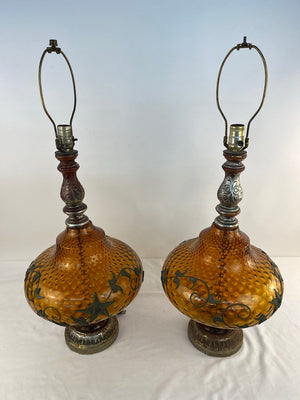 Pair VTG 1970s Amber Glass Table Lamps Mid Century Hollywood Regency Style As-Is