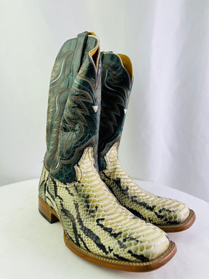 Alfa Genuine Python Snakeskin Cowboy Boots Green Embroidered 28 Mex Men's US 10