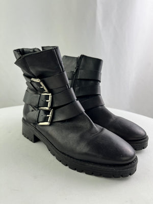 Steve Madden Maly Black Leather Buckle Midcalf Biker Boots Women's Size 8.5