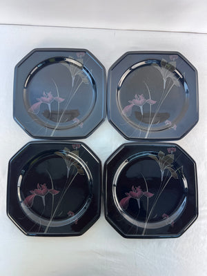 Mikasa Continental F3024 Ebony Fleur Dinner Plates Black Octagonal Set of 4