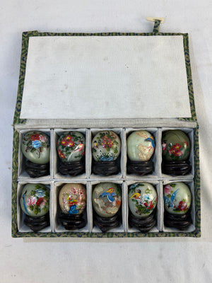 Vtg Chinese Hand Painted Faux Jade Stone Eggs Floral Bird Wood Stand Set 10 Box