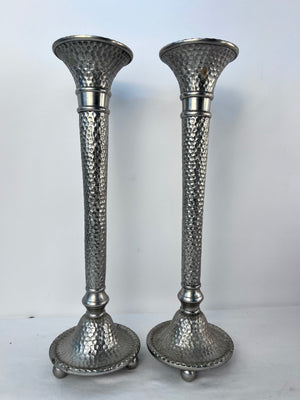 Pair Southern Living Conroy Candlestick Silver Tone Hammered Style Taper Pillar