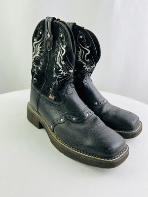 Justin Mandra L9977 8" Black Leather White Wing Embroidered Boots Women's 8B