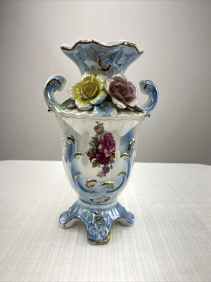 Vintage Large 13" Iridescent Lustreware Vase w/ Flowers & Handles