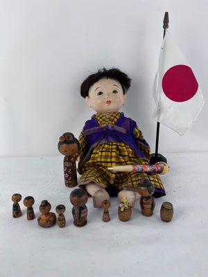 Vtg Japanese Doll Lot Ichimatsu Gofun Baby Boy 9 Kokeshi Wooden Flag Souvenir