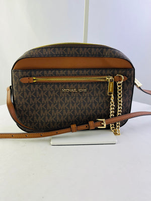 Michael Kors Signature Logo Jet Set Large Brown Coated Canvas Crossbody Bag