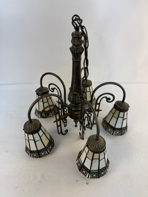 Vintage Arts & Crafts Tiffany Style Stained Glass 5 Arm Chandelier (No Canopy)