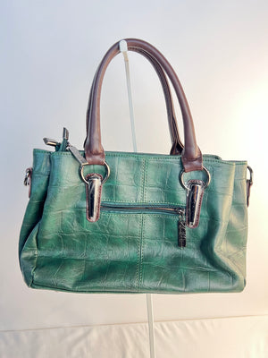 XIDIBAOLUO Green Faux Crocodile Leather Satchel Hand Shoulder Bag Brown Handle