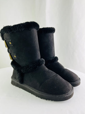 UGG Becket Black Buckle Accent Fur Lined Mid Calf Snow Boots Women's 8