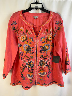 John Mark Pink Women's Large Embroidered Split V Neck 3/4 Sleeve Peasant Top