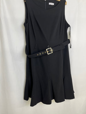 Calvin Klein Black Sleeveless Fluted Belted Dress Women's 16W NWT