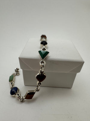 Taxco Mexico 925 Sterling Silver Lapis Bracelet 22.9g Multi Gemstone 7.5 in