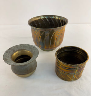 VTG Solid Brass Planter & Spittoon Lot of 3, Swirl Ribbed Pots India MCM - AS IS