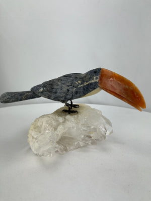 Carved Stone Toucan Bird on Quartz Crystal Base
